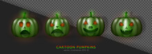 Set Of Three Realistic 3d Green Zombie Pumpkins With Angry Faces And Red Eyes. Cartoon Creepy Halloween Poisoned Squash. Horror Carved Turnip, Gourd. Vector Spooky Jack-o-lanterns With Green Lighting