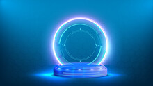 Circle Portals, Teleport, Hologram Gadget. Blank Display, Stage Or Magic Portal, Podium For Show Product In Futuristic Cyberpunk Or Hud Style. Blue Digital Neon Podium. Vector