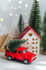 Canvas Print - Miniature houses and fir trees with red car with Christmas Tree on white background. Winter cute landscape. Cozy small world. Christmas decorations, holiday concept.