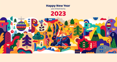 Wall Mural - Happy New Year 2023 banner template in Scandinavian folk style. Symbol of 2023 year a black bunny. Happy Chinese New Year