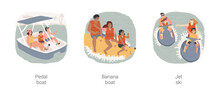 Seaside Activities Isolated Cartoon Vector Illustration Set. Pedal Boat Rental, Sea Cycling, Family Riding Banana, Having Fun, Sit On Jet Ski, Holiday Resort Entertainment Vector Cartoon.