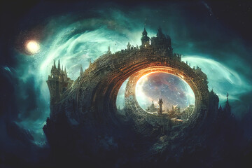 Wall Mural - Fantasy fractal portal neon tunnel, magical mysterious majestic landscape, antiquity and modernity, unreal world. 3D illustration.