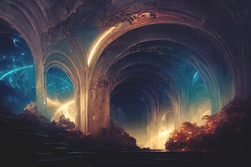 Wall Mural - Fantasy fractal portal neon tunnel, magical mysterious majestic landscape, antiquity and modernity, unreal world. 3D illustration.