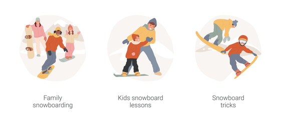 Wall Mural - Snowboarding isolated cartoon vector illustration set. Family riding down the slope together, winter resort, take snowboarding lesson, young teen making trick, extreme sport vector cartoon.