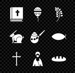 Sticker - Set Holy bible book, Balloons with ribbon, Willow leaf, Christian cross, Jesus, Bread loaf, Easter rabbit and egg and paint brush icon. Vector