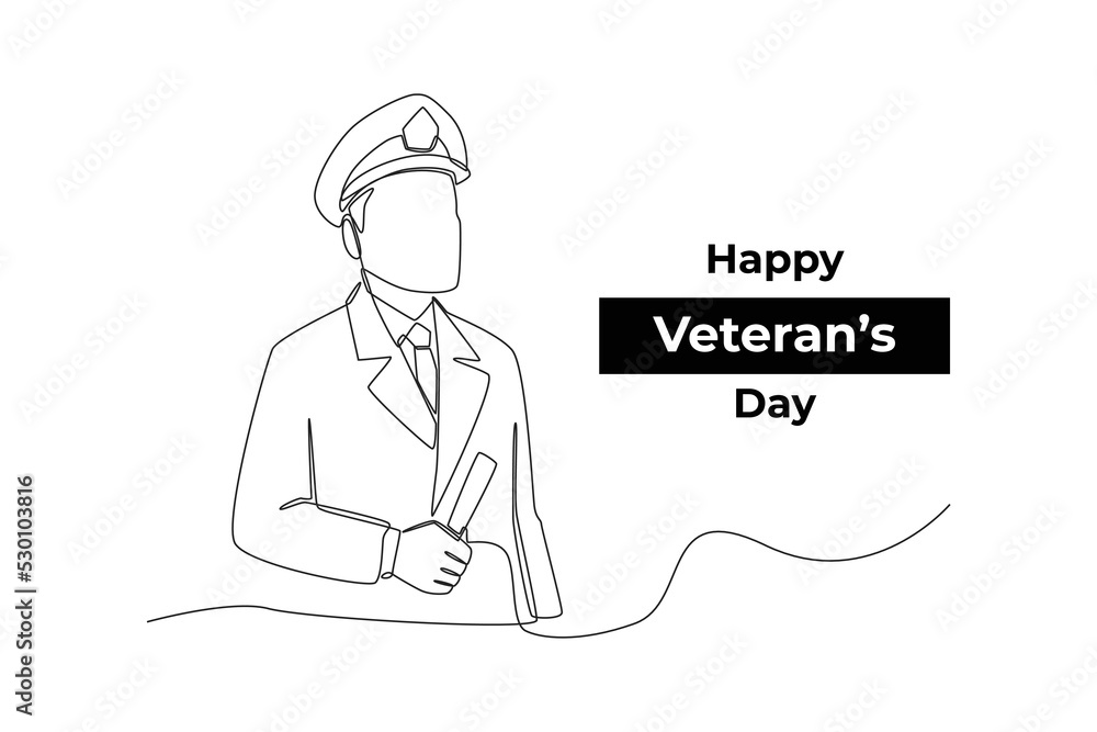 One continuous line drawing of veteran with soldier costume. Veterans day concept. Single line draw design vector graphic illustration.