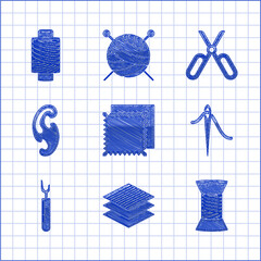 Sticker - Set Textile fabric roll, Sewing thread on spool, Needle for sewing with, Cutter tool, French curves, Scissors and icon. Vector