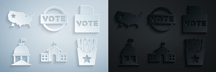 Wall Mural - Set United States Capitol Congress, Vote box, White House, Potatoes french fries in, and USA map icon. Vector