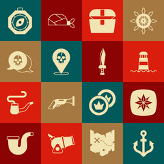 Poster - Set Anchor, Wind rose, Lighthouse, Antique treasure chest, Location pirate, Skull, Compass and Pirate sword icon. Vector