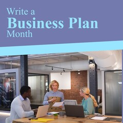 Composition of write a business plan month text over diverse business people in office