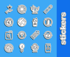 Sticker - Set line Can with recycle symbol and can, Battery, Recycling plastic bottle, Sprout hand of environmental protection, Earth globe, Bio fuel canister, Plant and Recycle bin icon. Vector