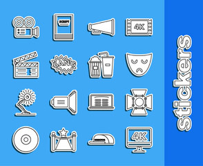 Wall Mural - Set line Computer PC monitor with 4k video technology, Drama theatrical mask, Megaphone, Bang boom text speech bubble balloon, clapper, Cinema camera and Popcorn and soda drink glass icon. Vector