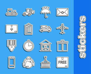 Sticker - Set line Cardboard box with free symbol, Gift, Plane, Umbrella and rain drops, Verification of delivery list clipboard, traffic, Conveyor belt cardboard and Post truck icon. Vector