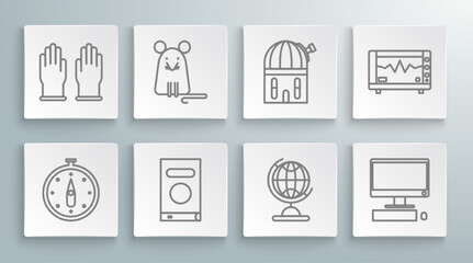 Poster - Set line Compass, Rat, Book, Earth globe, Computer monitor with keyboard and mouse, Astronomical observatory, cardiogram and Rubber gloves icon. Vector