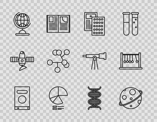 Poster - Set line Book, Planet, Pills in blister pack, Pie chart infographic, Earth globe, Molecule, DNA symbol and Pendulum icon. Vector