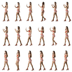 Wall Mural - Set of side view young woman in beach clothes walking using cell phone recording, taking selfies and talking. Full body isolated on white background