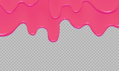 Wall Mural - Flowing realistic pink sweet melting icing on transparent background.Dripping glossy pink slime.Spreading sause,cream, milk or caramel.Border of shiny flowing sticky.