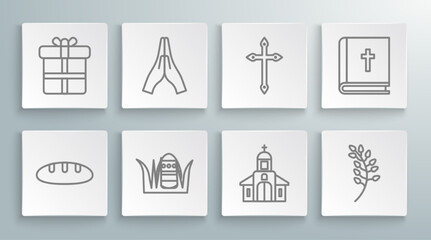 Set line Bread loaf, Hands in praying position, Easter egg, Church building, Willow leaf, Christian cross, Holy bible book and Gift box icon. Vector