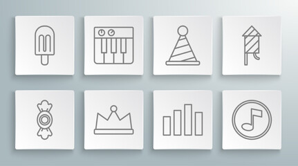 Poster - Set line Candy, Music synthesizer, Crown, equalizer, note, tone, Party hat, Firework rocket and Ice cream icon. Vector