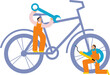 Two men holding wrench and bike pump in their hands. Bicycle silhouette. Bike service. Textured flat illustration.