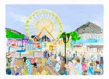 Watercolour Brilon Michaelis Fair. Many People Bustle About On The Market Square. Roundabouts And The Ferris Wheel Stand In Front Of The Half Timbered Houses. Vector In Low Poly Style.