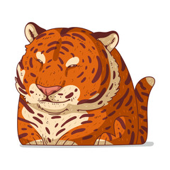 Wall Mural - A Big Glad Tiger, isolated vector illustration. Cute cartoon picture of a smiling sitting tiger. An animal sticker. Simple drawing for kids of a tiger on white background. A big lazy cat.