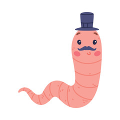 Wall Mural - Funny Pink Worm Character with Long Tube Body in Top Hat and Mustache Vector Illustration