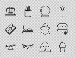 Sticker - Set line Seesaw, Ice cream in waffle cone, Magic ball, Carnival garland with flags, Swing, Bumper car, Circus tent and Fast street food cart awning icon. Vector