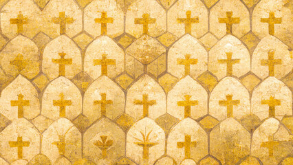 Tombstone pattern background illustration with a gold cross drawn on an old scroll