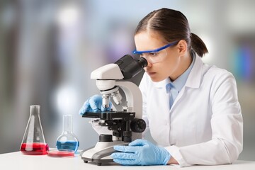 Poster - Scientists with microscopes doing research and working in laboratory