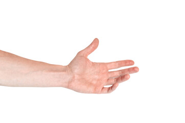 Wall Mural - Realistic human hand showing gesture. White skin man arm isolated on transparent background