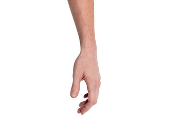 Wall Mural - Realistic human hand showing gesture. White skin man arm isolated on transparent background