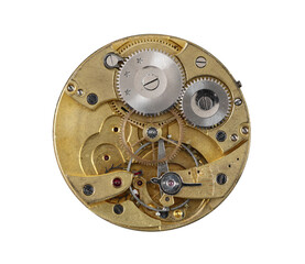 Dismantled clockwork mechanism on transparent background