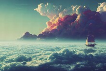 Ship Sailing Trough The Clouds. Digital Art Of A Boat Flying Trought The Sky. Fantasy Dream Illustration.