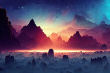 Alien World. Exoplanet, Planet, Landscape. Unknown Planet. Digital Art Of Fantasy Landscape In Space. 