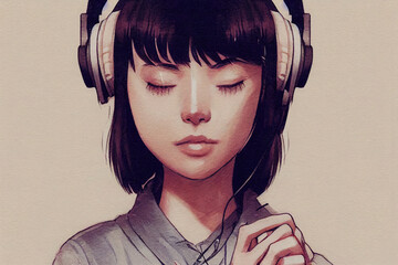 Wall Mural - Cute girl listening to music. Sketch of a woman with headphones. Young lady listening to chill, relaxing songs.  Happy, relaxed feeling. Digital art.