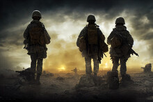 Soldiers Walking On The Battlefield. Illustration Of The Army On The Move. Post Apocalyptic, Post War Image. Sad Dramatic Scenery. Soldier, Footman Infantry Walking.
