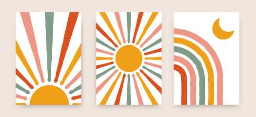 Wall Mural - abstract sun rainbow posters. boho childish backgrounds, contemporary covers. geometric vector wall 