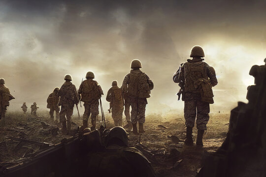 Wall Mural -  - Soldiers walking on the battlefield. Illustration of the army on the move. Post apocalyptic, post war image. Sad dramatic scenery. Soldier, footman infantry walking.