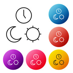 Poster - Black line Day and night with time icon isolated on white background. Set icons colorful circle buttons. Vector