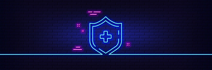 Wall Mural - Neon light glow effect. Medicine shield line icon. Medical protection sign. 3d line neon glow icon. Brick wall banner. Medical shield outline. Vector