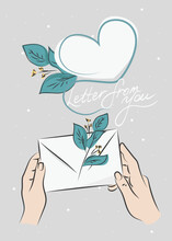 Illustration, Postcard Made In The Sketching Technique. Letter In Hands With Flowers From A Loved One