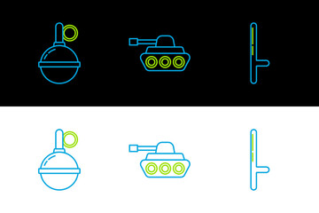 Sticker - Set line Police rubber baton, Hand grenade and Military tank icon. Vector