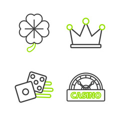 Wall Mural - Set line Casino signboard, Game dice, Crown and Four leaf clover icon. Vector