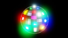 3D Loop Animation Rotating Retro Disco Mirror Ball With Color Glow Reflections On Black Background. Motion Graphic Render