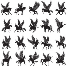 Black Silhouette Set Of Unicorns, Pegasus ,isolated Vector