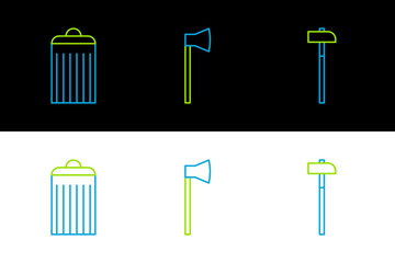 Sticker - Set line Hammer, Trash can and Wooden axe icon. Vector