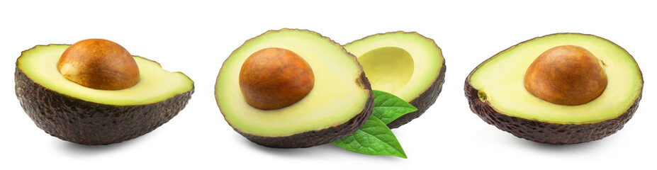 Wall Mural - avocado isolated set. collection of ripe dark avocado and avocado halves on white background.