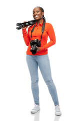 Sticker - people, profession and photography concept - happy smiling woman photographer with digital camera and tripod over white background