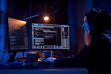 cybercrime, hacking and technology concept - female hacker in dark room writing code or using computer virus program for cyber attack